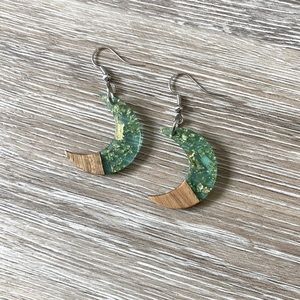 Boho green gold natural moon earrings.